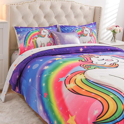 Aimuan Girls Unicorn Comforter Set 3 Pieces Pink Purple Bedding Set with Rainbow Star Galaxy Stars Fantasy Children Room Decor Soft Reversible Bed Sets for Boys/Girls/Teens (Pink-Purple Twin3Pcs)