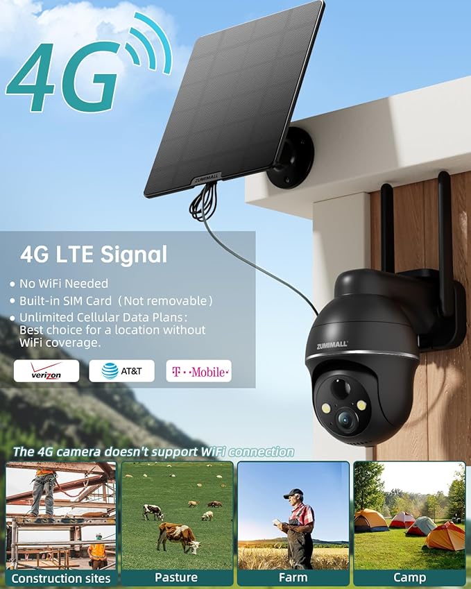 ZUMIMALL 4G LTE Cellular Solar Security Camera Wireless Outdoor, 2K No WiFi Security Camera Solar Powered with Color Night Vision, 2-Way Talk, Motion Alert, Cloud, SIM Included（US Version）