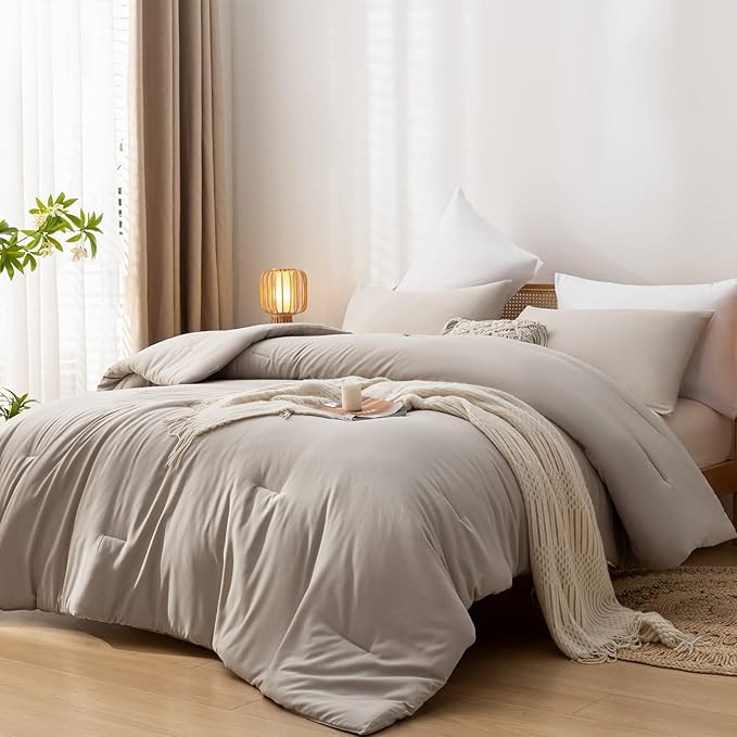 King Comforter Set Tannish Grey Solid Color Lightweight Bedding Comforter Sets 3pcs (1 Comforter, 2 Pillowcases) Soft Microfiber Down Alternative Comforter for All Season