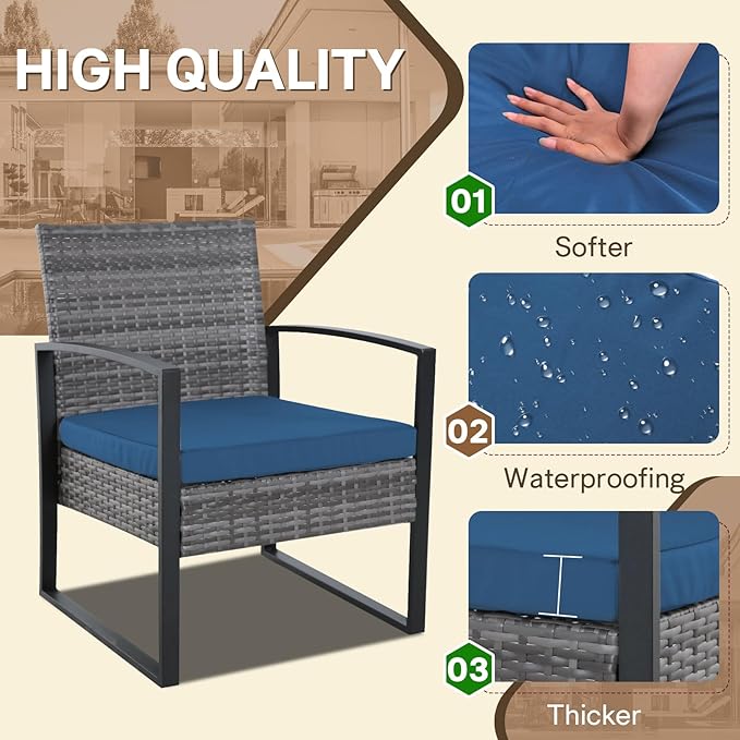 3 Pieces Patio Furniture Set, Outdoor Patio Set, Patio Bistro Set, All-Weather Wicker Conversation Set with Cushions Table for Porch Backyard (Gray-Blue)