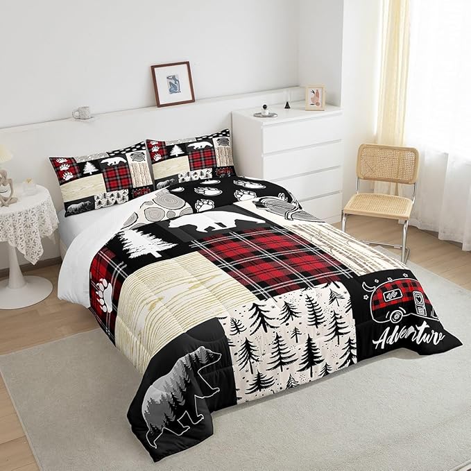 Manfei Bear Comforter Set Twin Size,Pine Trees Animals Hunting Bedding Set for Kids Boys Girls Adults Room Decor,Camping Adventure Rustic Farmhouse Down Comforter,Red Plaids Duvet Insert,1 Pillowcase