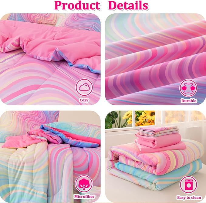 Girls Full Bedding Sets, 6 Pcs Pink Full Szie Comforter Set with Sheets, Tie Dye Superior Blue Pink Rainbow Bedding Set for Girls Kids