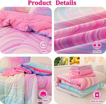 Girls Full Bedding Sets, 6 Pcs Pink Full Szie Comforter Set with Sheets, Tie Dye Superior Blue Pink Rainbow Bedding Set for Girls Kids