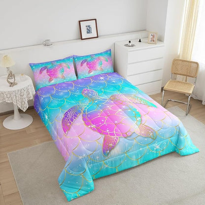 Erosebridal Mermaid Scales Comforter Set for Girls, Tortoise Reptile Bedding Set Twin Size, Sea Turtle Ocean Life Duvet Sets for Kids Children Boys Women, Sweet Girly Down Comforter, Teal Blue
