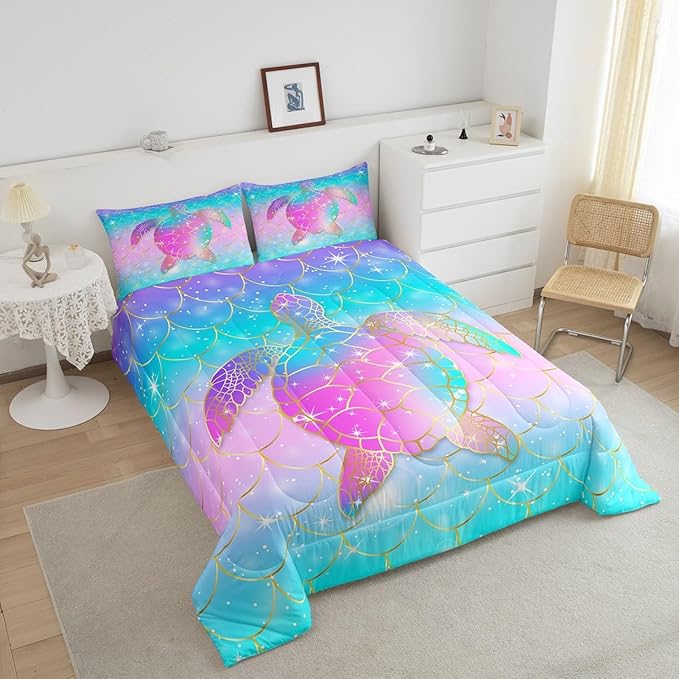 Erosebridal Mermaid Scales Comforter Set for Girls, Tortoise Reptile Bedding Set Full Size, Sea Turtle Ocean Life Duvet Sets for Kids Children Boys Women, Sweet Girly Down Comforter, Teal Blue