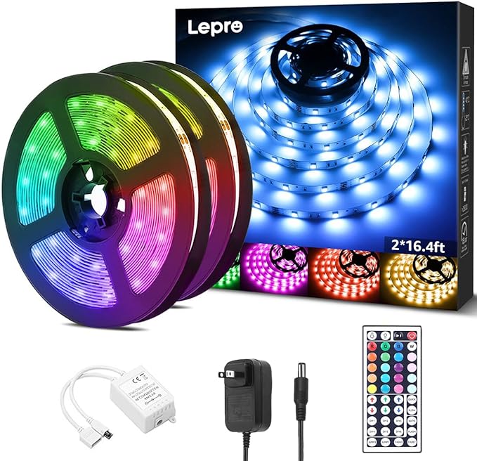 Lepro RGB LED Light Strips 32.8ft, Christmas Decorations, 5050 LED Color Changing Tape Light with 44 Key Remote and 12V Power Supply for Bedroom, TV Backlight, Kitchen, Bar