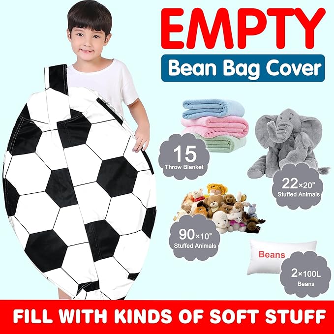 Lukeight Stuffed Animal Storage Bean Bag Chair Cover for Kids, Soccer Zipper Beanbag Chair Cover for Organizing Toddler & Kids' Rooms Plush Toys (Soccer Velvet, X-Large)