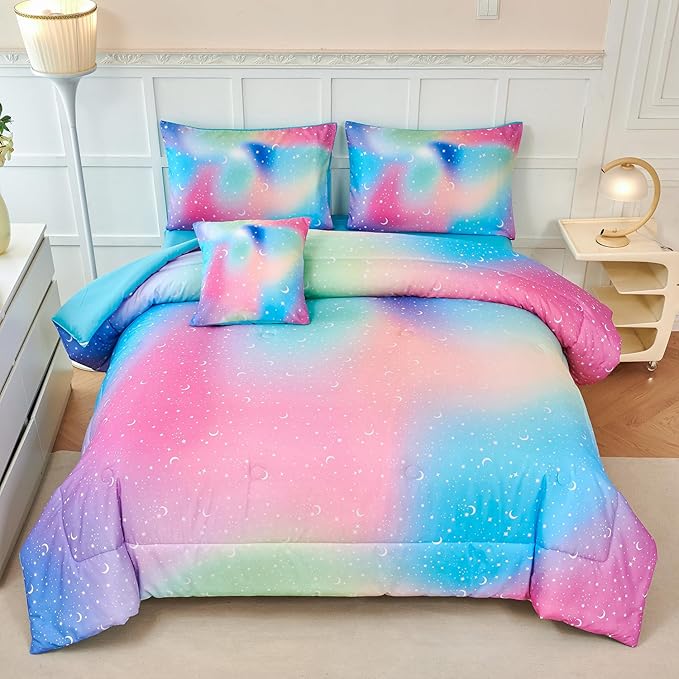 URBONUR Kids Bedding Set Twin Size 6 Pieces Comforter & Sheet Set Colorful Rainbow Tie Dye Stars Printed Girls Bedding Set Ultra Soft Bed Sets