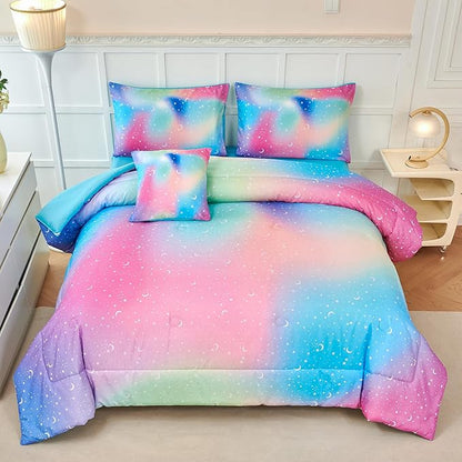URBONUR Queen Size Comforter Set, Rainbow Stars Queen Bedding Set for Teen Girls Women, 6 Pieces Comforter, Flat Sheet, Fitted Sheet & Pillowcases