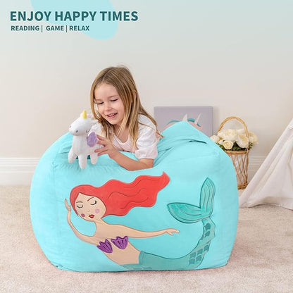 Aubliss Unicorn Stuffed Animal Storage Bean Bag Chair for Kids, Velvet Extra Soft Beanbag Chairs Cover, X-Large Stuffable Zipper Bean Bag for Organizing Plush Toys Girls Bedroom Decor,Cyan