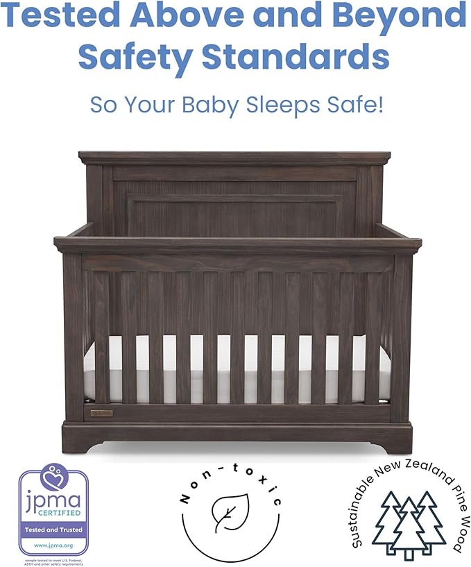 Simmons Kids SlumberTime Paloma 4-in-1 Convertible Crib, Rustic Grey + Serta Perfect Slumber Dual Sided Recycled Fiber Core Crib and Toddler Mattress (Bundle)