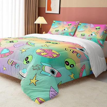 Datura home Space Alien Children Bedding Comforter Set for Girls Kids,Colorful Cartoon Outer Space Planet UFO Lovely Alien Theme Bedding Set with 1 Comforter and 2 Pillowcases(Alien3 Twin)