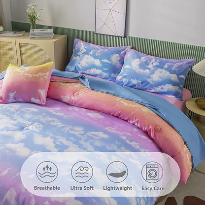 PERFEMET White Cloud Print Girls Comforter Set Queen Size 6 Pieces Teen Girl Tie Dye Bedding Set Colorful Rainbow Bed in A Bag Comforter Set with Sheets