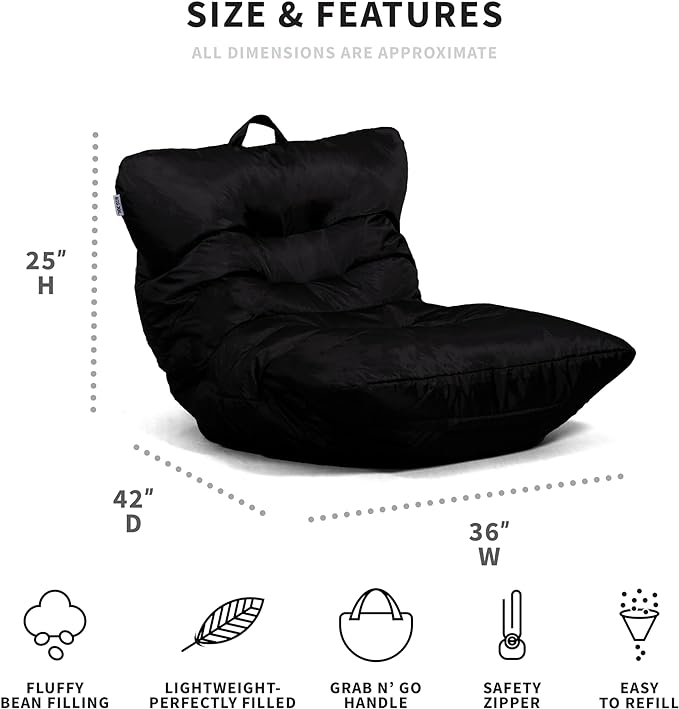Big Joe Roma Bean Bag Chair, Black Smartmax, Durable Polyester Nylon Blend, 3 feet
