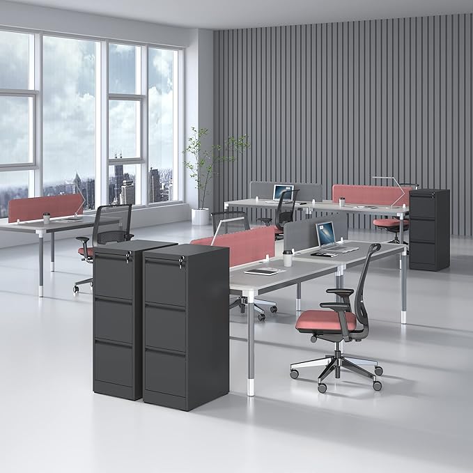 Vertical File Cabinet with Drawers, 3 Drawer File Cabinet for Home Office, Locking File Cabinet Hanging Files for A4/ Legal/Letter, Black