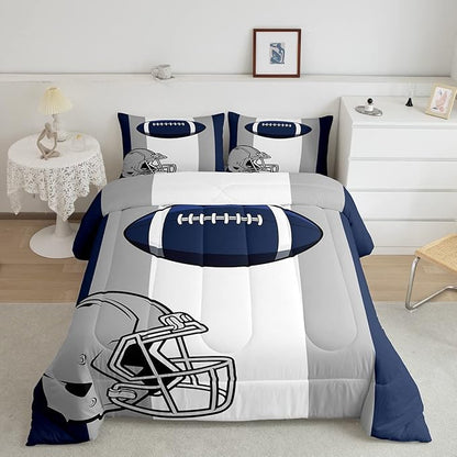 Feelyou Kids Football Comforter Set Queen Size Rugby Sports Bedding Set for Boys Teens Decor Soccer Ball Game Comforter American Football Grey Blue Duvet Set Quilt 3Pcs Boys