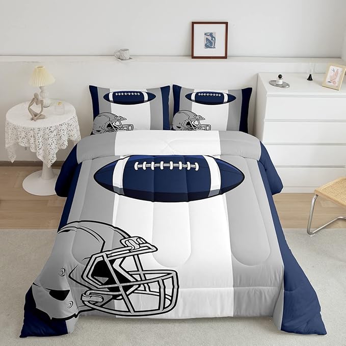 Feelyou Kids Football Comforter Set Full Size Rugby Sports Bedding Set for Boys Teens Decor Soccer Ball Game Comforter American Football Grey Blue Duvet Set Quilt 3Pcs Boys