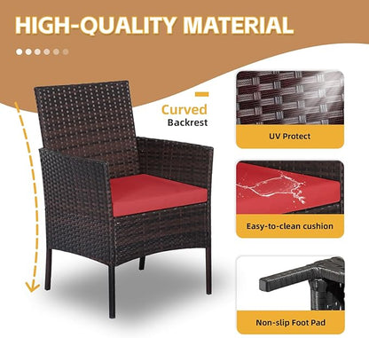 Patio Furniture Set 3 Pieces All-Weather Rattan Outdoor Furniture Patio Chairs with Tempered Glass Table for Porch Bistro Balcony Bistro Set(Brown/Red)