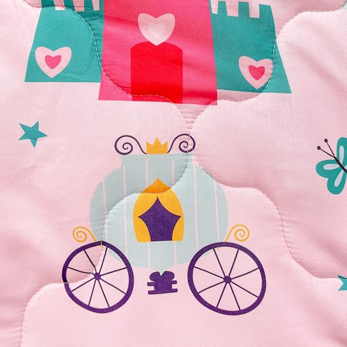 Wajade Kids Pink Princess Comforter Set Bed in a Bag Twin Size 7 Piece Princess Fairy Tales Castle Bedding Set for Girls (1 Comforter, 1 Flat Sheet, 1 Fitted Sheet, 2 Pillowcase and 2 Pillow Sham)