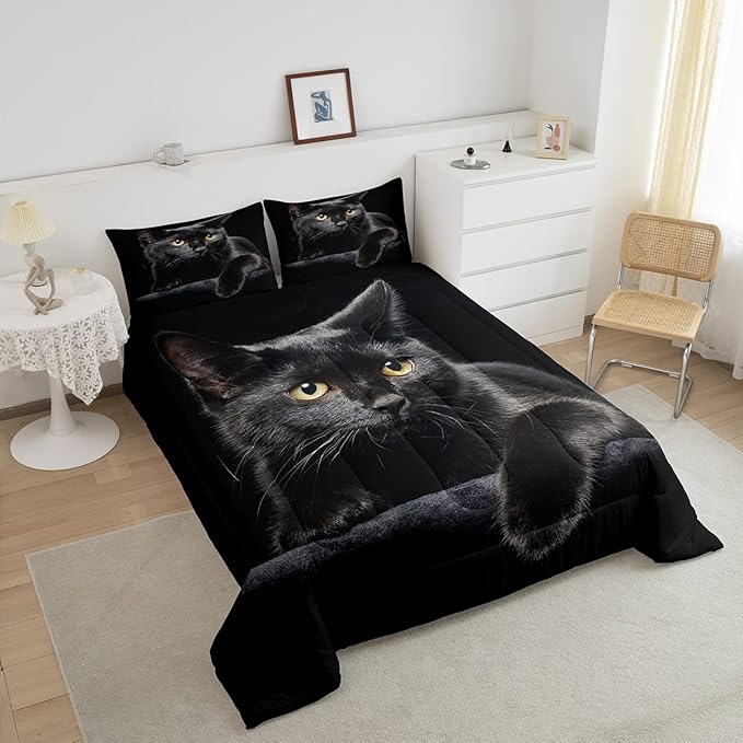 Cat Comforter Bedding Set Twin For Girls Kids,Black Cat Lying On The Black Sofa Pattern Printed Bedding Set,Black Comforter Set,Pet Animal Comforter Soft Breathable Microfiber Quilt With 1 Pillowcase