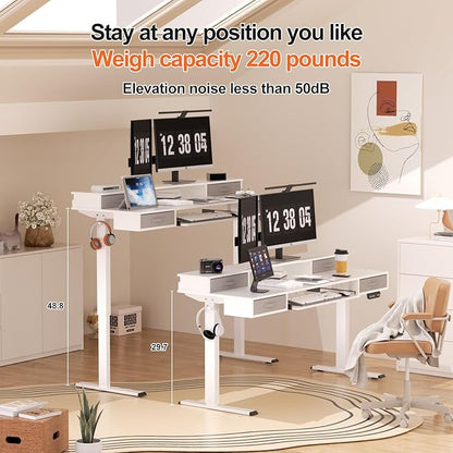 Electric Standing Desk, Multifunctional Standing Desk Adjustable Height, 63 * 24 Standing Desk with 4 Drawers, Ergonomic Adjustable Standing Desk with Keyboard Tray, Snow White