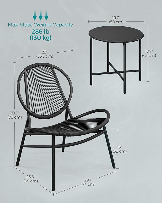 SONGMICS Patio Furniture Set 3 Pieces, Garden Bistro Set, Acapulco Chairs, Outdoor Seating, Side Table and 2 Chairs, Indoor and Outdoor Conversation Set, Balcony Porch, Ink Black UGGF021B01