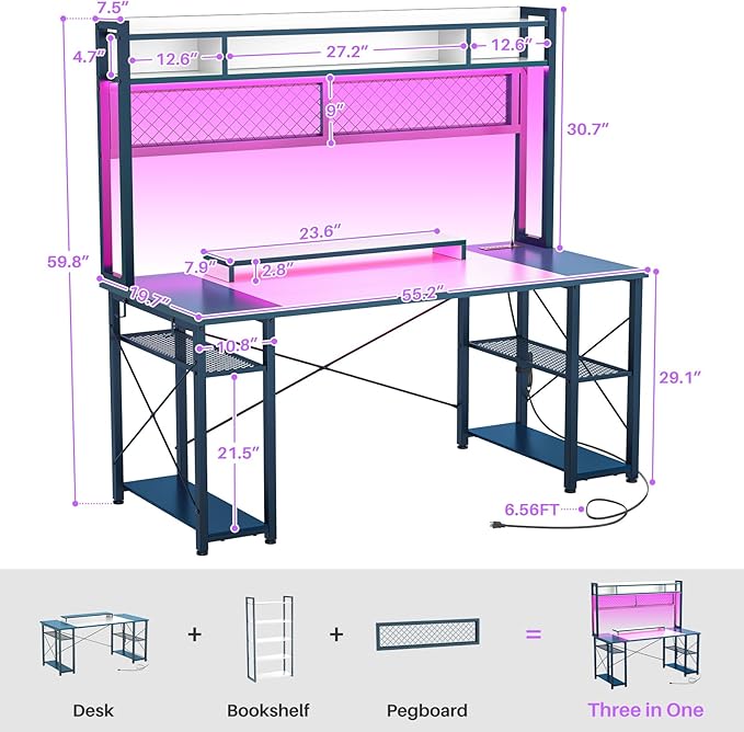 armocity 2024 Upgrade Gaming Desk with Hutch, 55.2'' Magic Computer Desk with LED Lights and Outlets, Reversible Workstation Desk with Pegboard and Monitor Stand, Gamer Desk PC Table, White and Blue