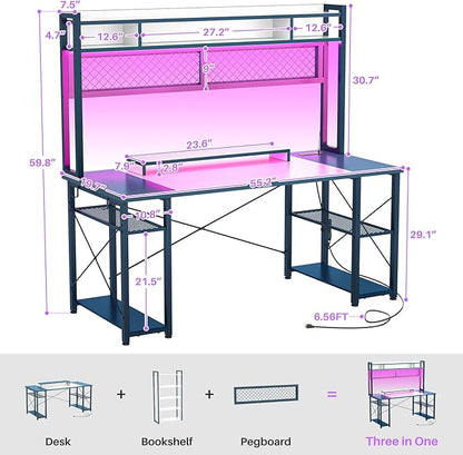 armocity 2024 Upgrade Gaming Desk with Hutch, 55.2'' Magic Computer Desk with LED Lights and Outlets, Reversible Workstation Desk with Pegboard and Monitor Stand, Gamer Desk PC Table, White and Blue