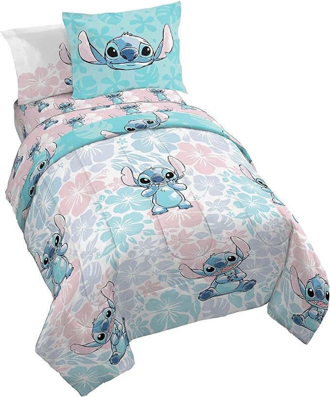 Jay Franco Disney Lilo & Stitch Twin Comforter Set - 5 Piece Bedding includes Sheet Set & Pillow Covers - Super Soft Kids Floral Bedding