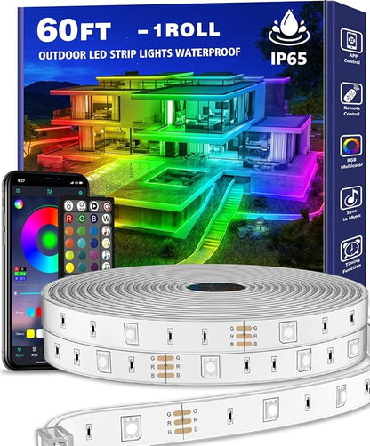 60ft Outdoor LED Strip Lights Waterproof 1 Roll,IP68 Outside Led Light Strips Waterproof with App and Remote,Music Sync RGB Exterior Led Rope Lights with Self Adhesive Back for Deck,Balcony,Pool…
