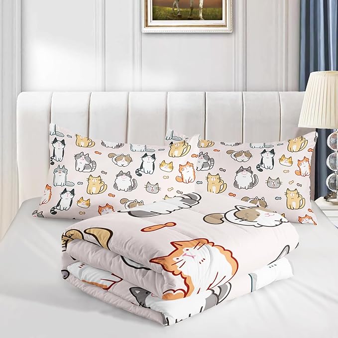 Kids Cute Cat Comforter Set Queen Size 3Pcs Cartoon Pet Cat Fishing Bedding Set Lovely Animal Quilt Bed Set for Children Girls Boys Room Decor