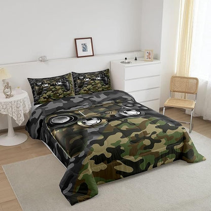 Feelyou Kids Gamer Comforter Set Camouflage Gaming Bedding Set for Boys Teens Green Black Camo Video Game Decor Comforter Gamer Console Quilt King Size Duvet Quilted 3Pcs Boys