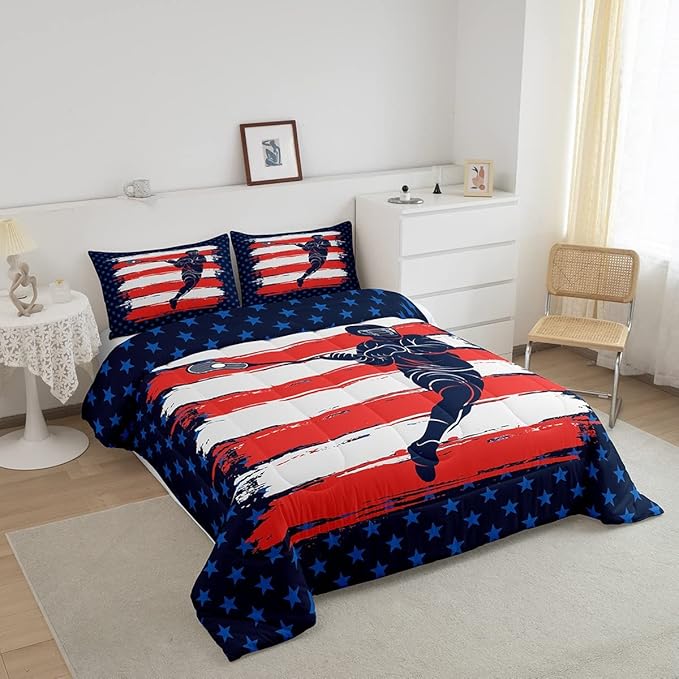 Feelyou Lacrosse Comforter Set Twin Size Boys Gilrs American Flag Sports Theme Bedding Set for Kids Adults Ultra Soft Lacrosse Player Games Comforter Navy Blue Duvet Set Room Decor Quilt Set