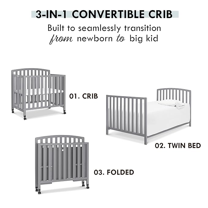 DaVinci Dylan Folding Portable 3-in-1 Convertible Mini Crib and Twin Bed in Grey, Greenguard Gold Certified