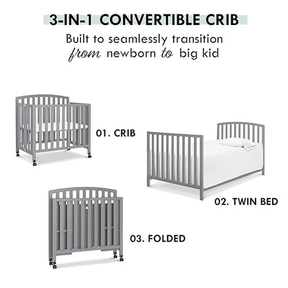 DaVinci Dylan Folding Portable 3-in-1 Convertible Mini Crib and Twin Bed in Grey, Greenguard Gold Certified