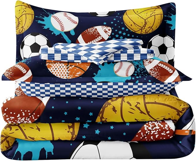 Kids Boys Comforter Set Full Bed in a Bag w/Sheet Sets, Blue Full Bedding Sets for Teens Soccer Basketball Baseball Football Sports Themed Bedroom Decor Reversible Design