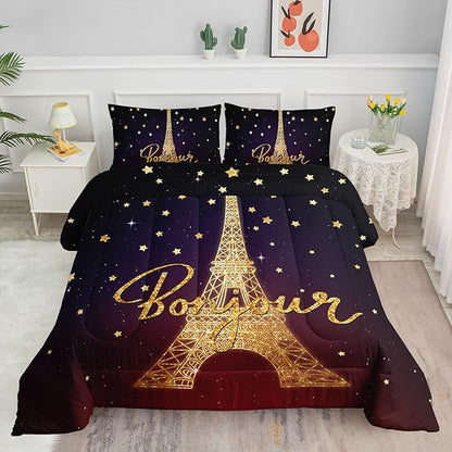 Datura home Kids Comforter Set Eiffel Tower Printed Pattern Bedding Set with 1 Comforter and 2 Pillowcases for Girls Boys Bedroom All Season(Tower Twin)