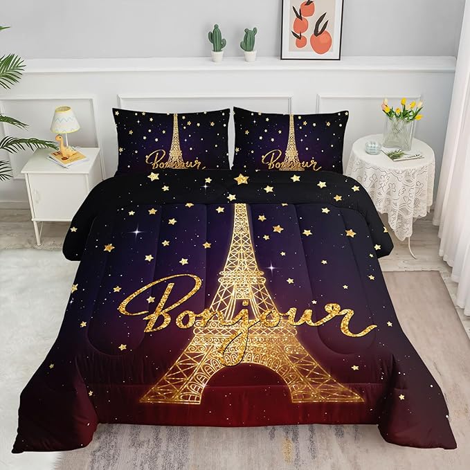 Datura home Kids Comforter Set Eiffel Tower Printed Pattern Bedding Set with 1 Comforter and 2 Pillowcases for Girls Boys Bedroom All Season(Tower Queen)