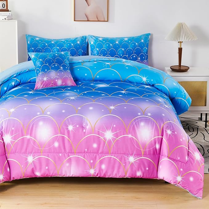 URBONUR 6Pcs Mermaid Comforter Set for Girls Full Size Bed in a Bag Pink Purple Blue Sparkle Glitter Bedding Set Soft All Season Comforter with Sheet Set