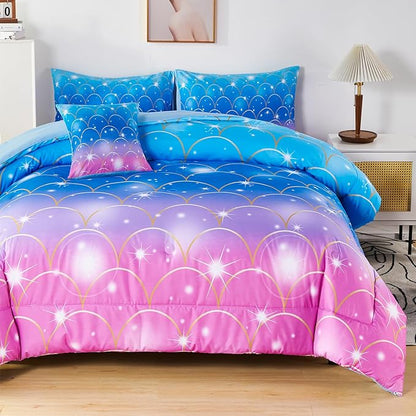 URBONUR 6Pcs Mermaid Comforter Set for Girls Full Size Bed in a Bag Pink Purple Blue Sparkle Glitter Bedding Set Soft All Season Comforter with Sheet Set