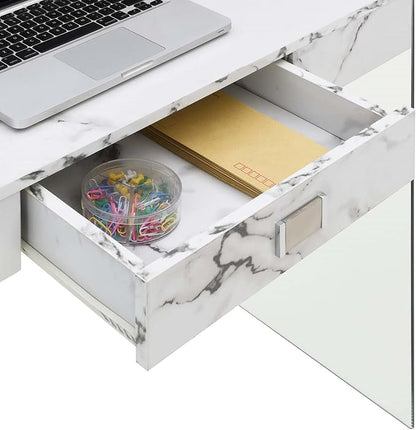 Convenience Concepts SoHo 1 Drawer Glass 36 inch Desk, White Faux Marble/Glass