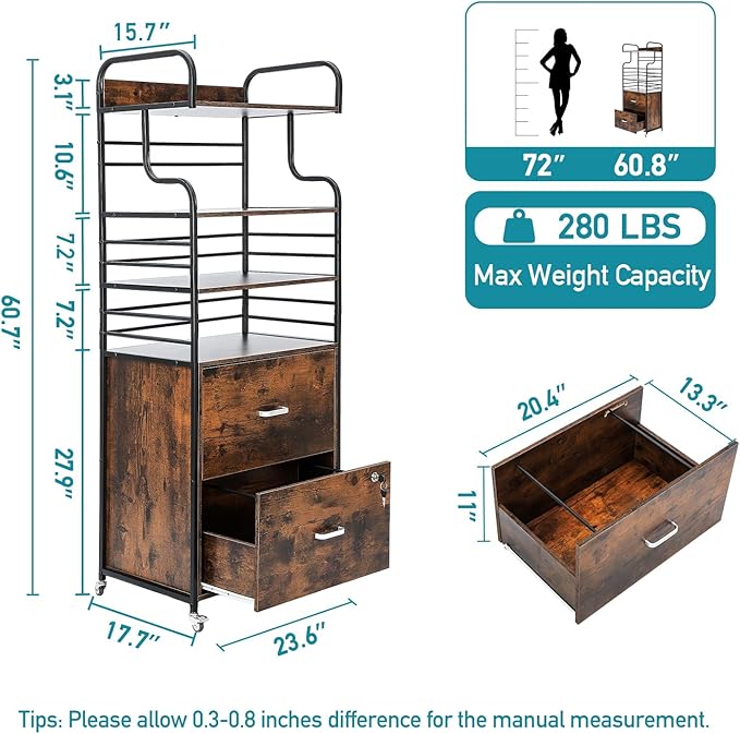 Vertical File Cabinet, 2 Drawer Mobile Filing Cabinet with 3 Bookshelf, Printer Stand with Open Storage Shelves Fits A4/Letter/Legal Size File Cabinets for Home Office Organizer, Brown