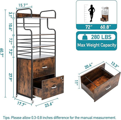 Vertical File Cabinet, 2 Drawer Mobile Filing Cabinet with 3 Bookshelf, Printer Stand with Open Storage Shelves Fits A4/Letter/Legal Size File Cabinets for Home Office Organizer, Brown