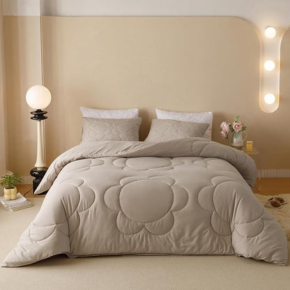 Khaki Flower Comforter King Light Champagne Sunflower Print Bed King Comforter 3 PCs Light Champagne Floral Comforter for Women Girls Bedroom Decor All Season Hotel Quality Comforter Set