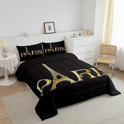 Erosebridal Eiffel Tower Comforter Set, City Building of Paris Bedding Set Full Size, Gold Black Duvet Sets for Kids Boys Girls Teens Bedroom, Soft Microfiber Bedding Comforters with 2 Pillow Cases