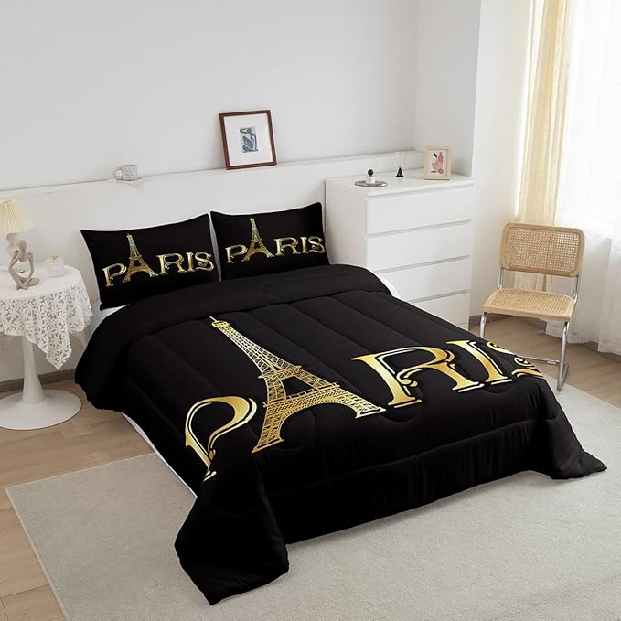 Erosebridal Eiffel Tower Comforter Set, City Building of Paris Bedding Set King Size, Gold Black Duvet Sets for Kids Boys Girls Teens Bedroom, Soft Microfiber Bedding Comforters with 2 Pillow Cases