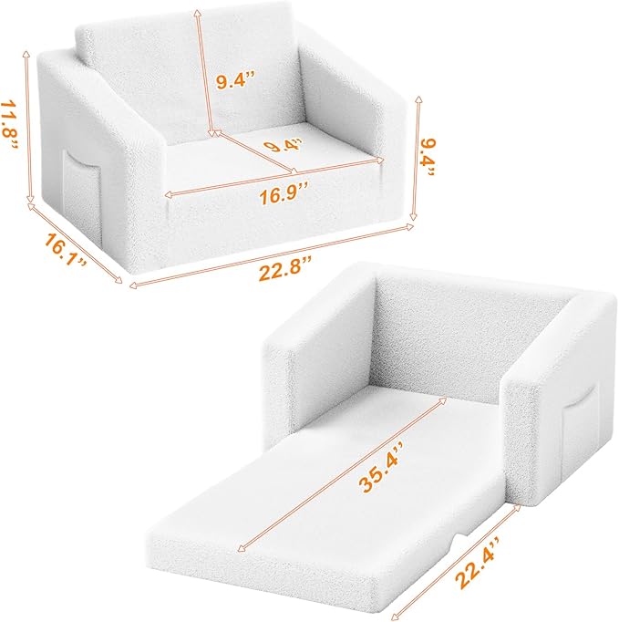 Kids Couch,2-in-1 Toddler Chairs for Boys,Kids Sofa with Storage,Comfortable Kids Sofa Bed,Fun Kids Lounge Chair,Toddler Furniture,Kids Playroom,Children'S Gifts (White)