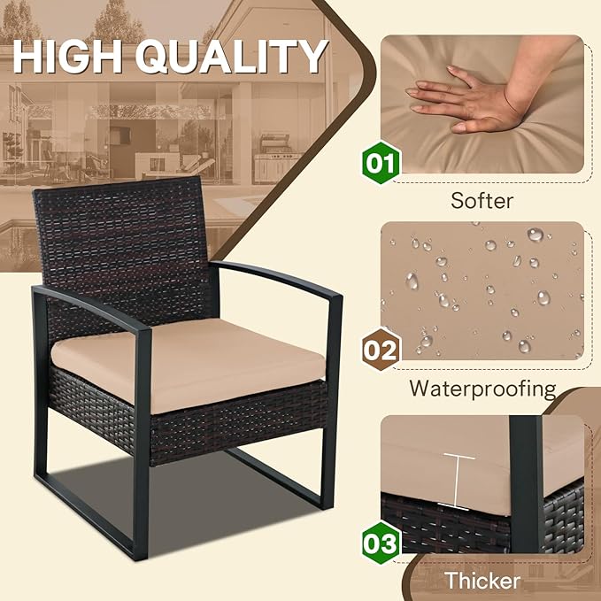 3 Pieces Patio Furniture Set, Outdoor Patio Set, Patio Bistro Set, All-Weather Wicker Conversation Set with Cushions Table for Porch Backyard (Black-Brown)
