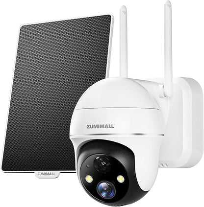 ZUMIMALL Solar Security Cameras Wireless Outdoor, 360° View Outdoor Camera Wireless Solar Powered,2.4G WiFi，2K/3MP Color Night Vision,2-Way Talk, PIR Motion Alert, Cloud Storage, Work with Alexa