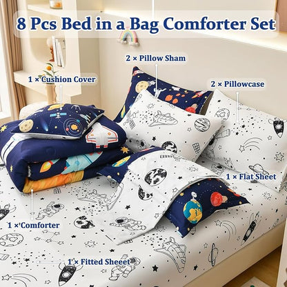 8 Piece Kid Comforter Set Twin Size Bed in a Bag, Space Rocket Bedding Set for Teen Boys Girls